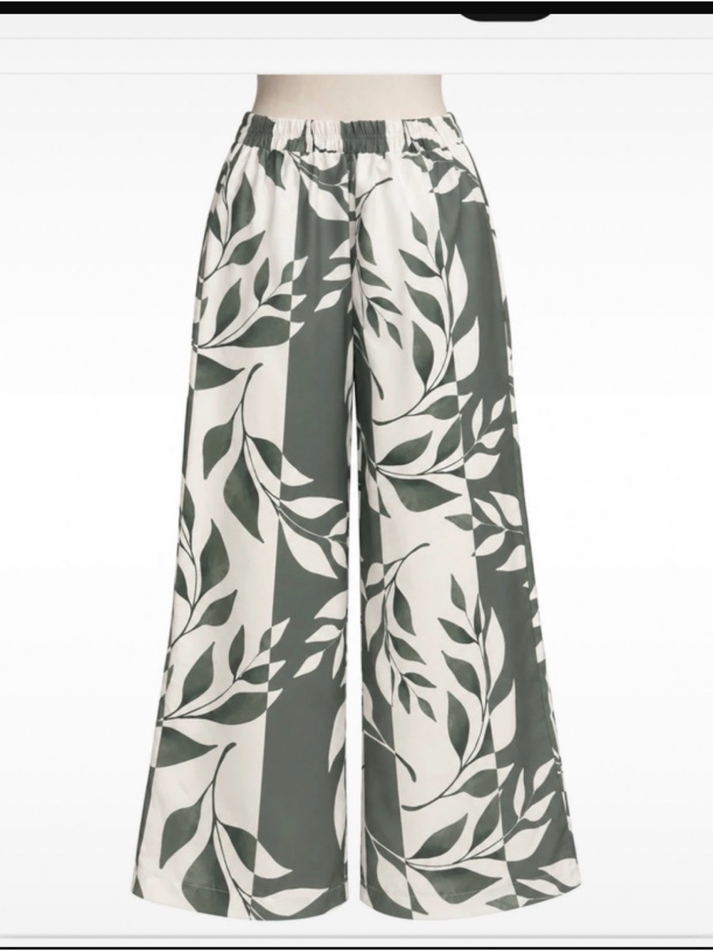 SHEIN Green and White Wide-Leg Leaf-Print Pants